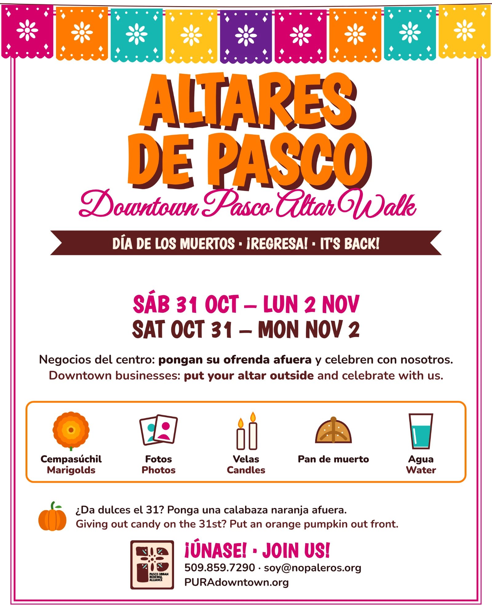 Volante de Altares de Pasco: Downtown Pasco Altar Walk, Día de los Muertos, sábado 31 de octubre a lunes 2 de noviembre.